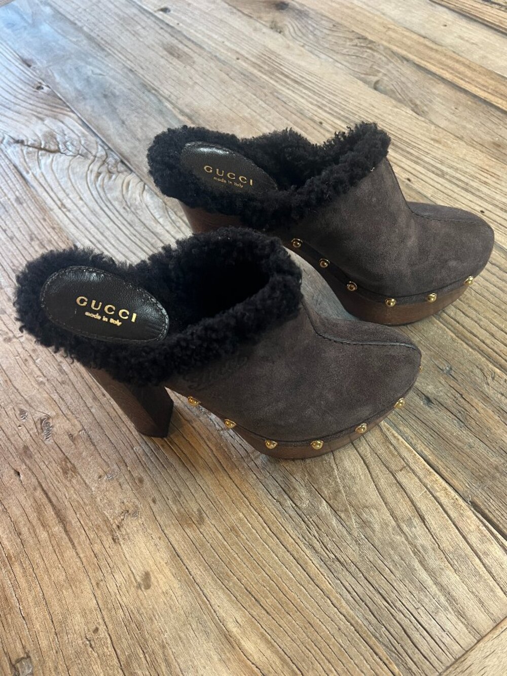 Gucci Brown Suede Shearling Studded Platform Clogs Wood Block Heel Mules Italy 3
